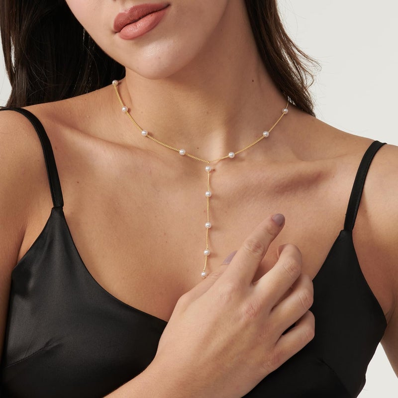 PRTGL Store Pearl Necklace: 14K Gold-Plated/White Gold-plated Pearl Necklace for Women 16.5” + 2” - Image 2